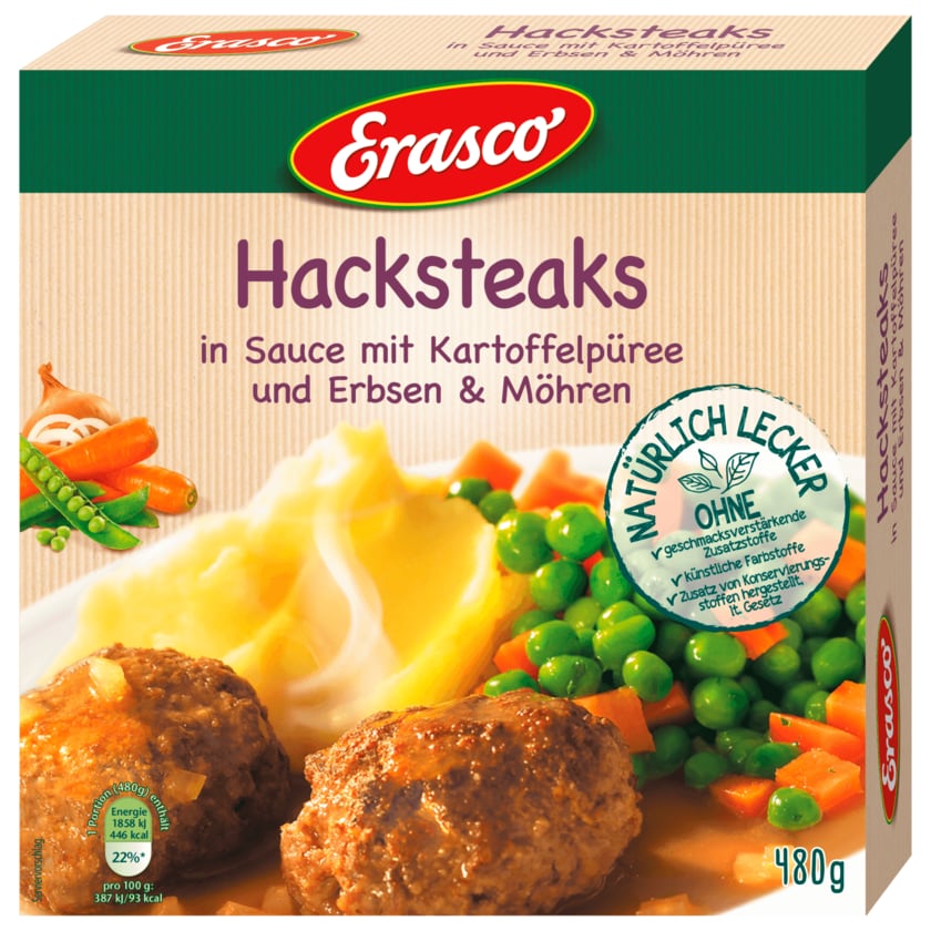 Erasco Hacksteaks in Sauce mit Kartoffelpüree und Erbsen und Möhren 480g